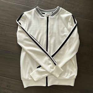 Socialite white zip up jacket with black stripes